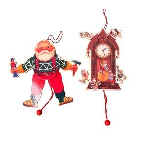 Vintage Wooden Pull String Christmas Ornament Santa Christmas Elves with Clock